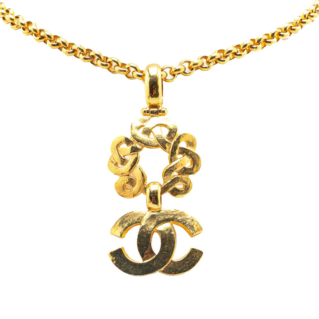 Chanel Gold Plated CC Flower Pendant Necklace
