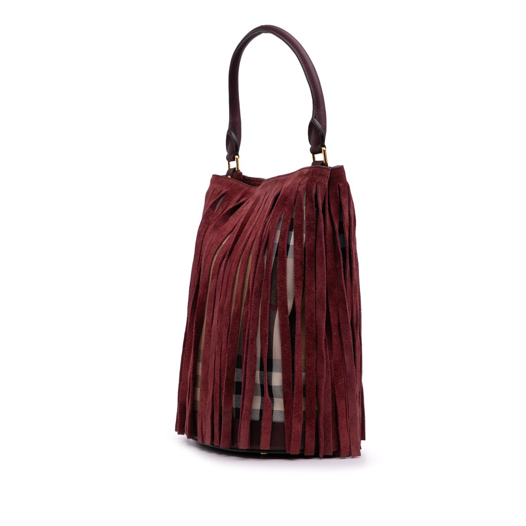 Burberry House Check Canvas and Suede Fringe Bucket Bag - 2