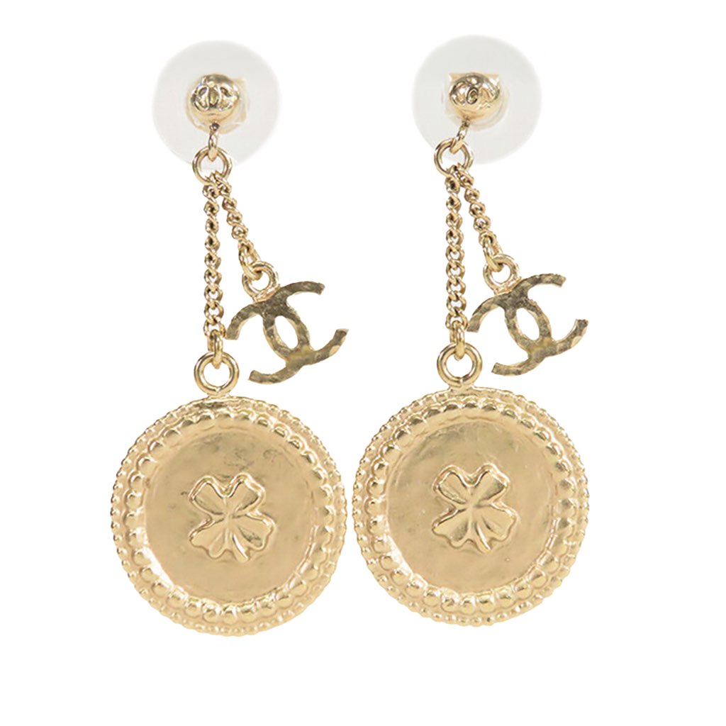 Chanel Gold Plated CC Dangling Push Back Earrings - 2