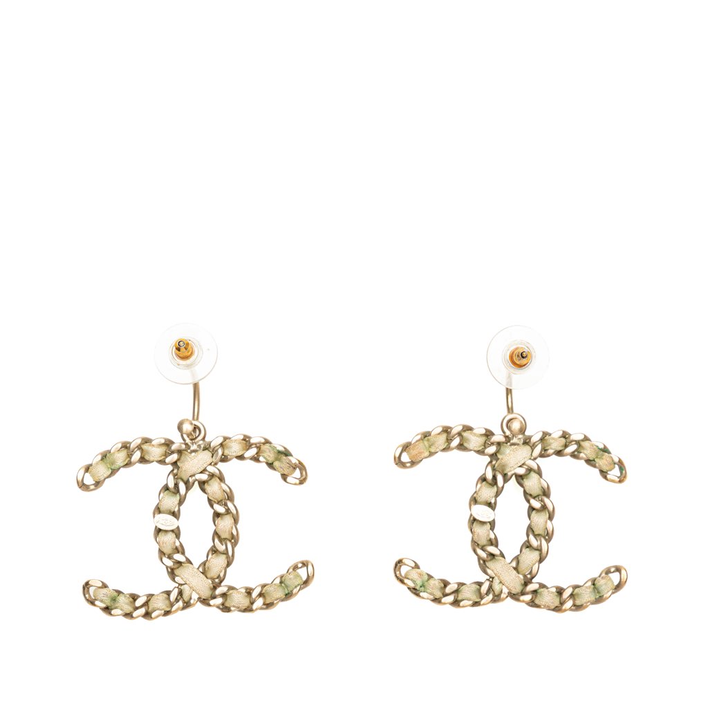 Chanel Gold Plated CC Woven Canvas Push Back Earrings - 2