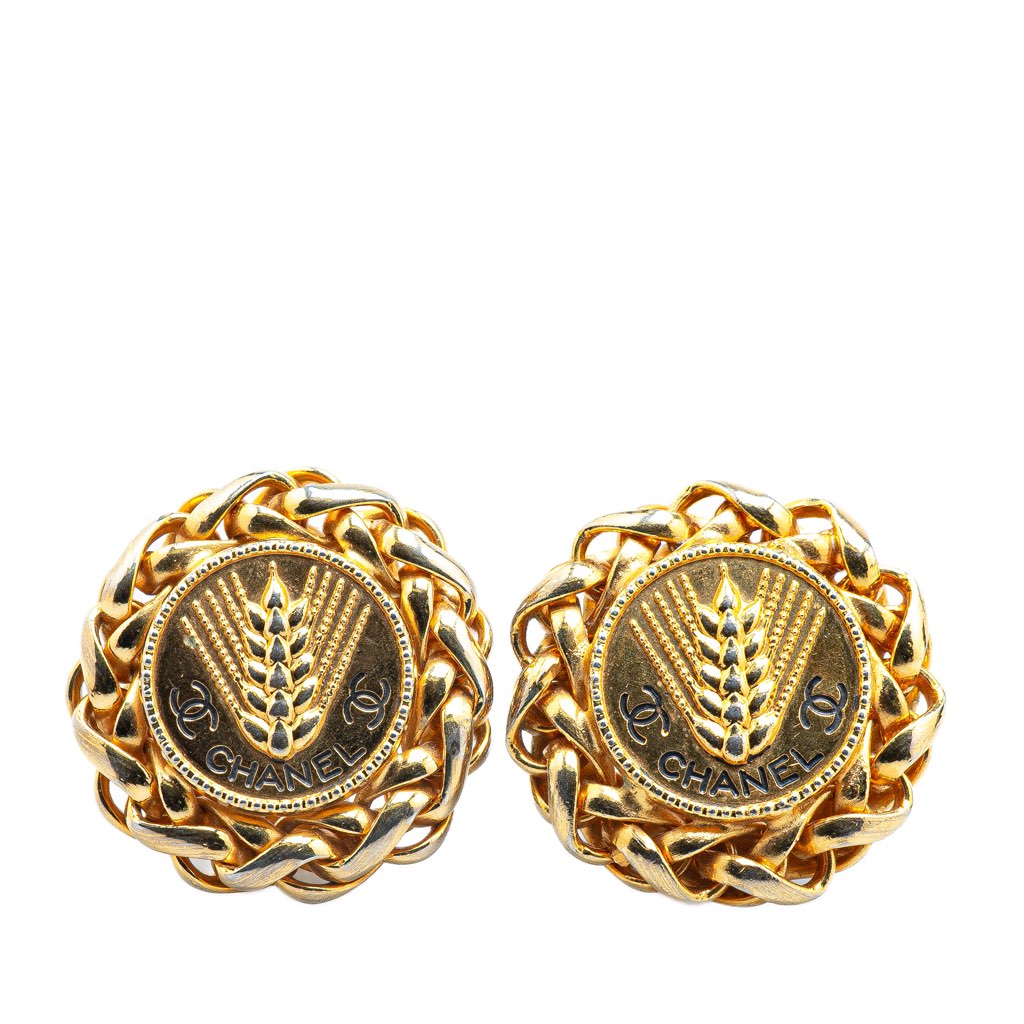 Chanel Gold Plated CC Wheat Medallion Clip On Earrings