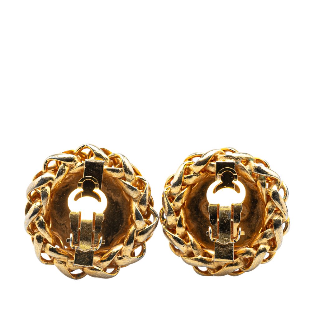 Chanel Gold Plated CC Wheat Medallion Clip On Earrings - 2
