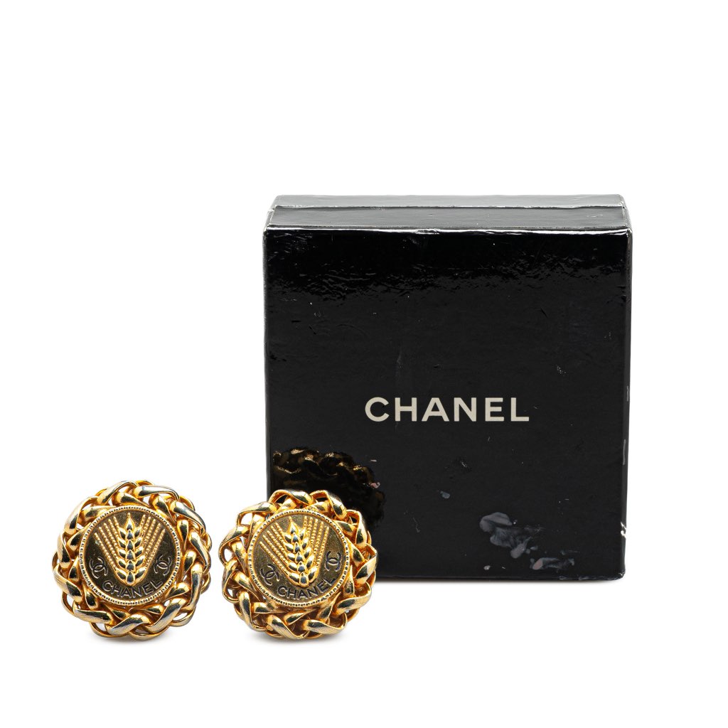 Chanel Gold Plated CC Wheat Medallion Clip On Earrings - 5