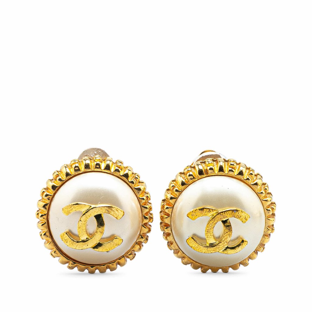 Chanel Gold Plated CC Faux Pearl Clip on Earrings