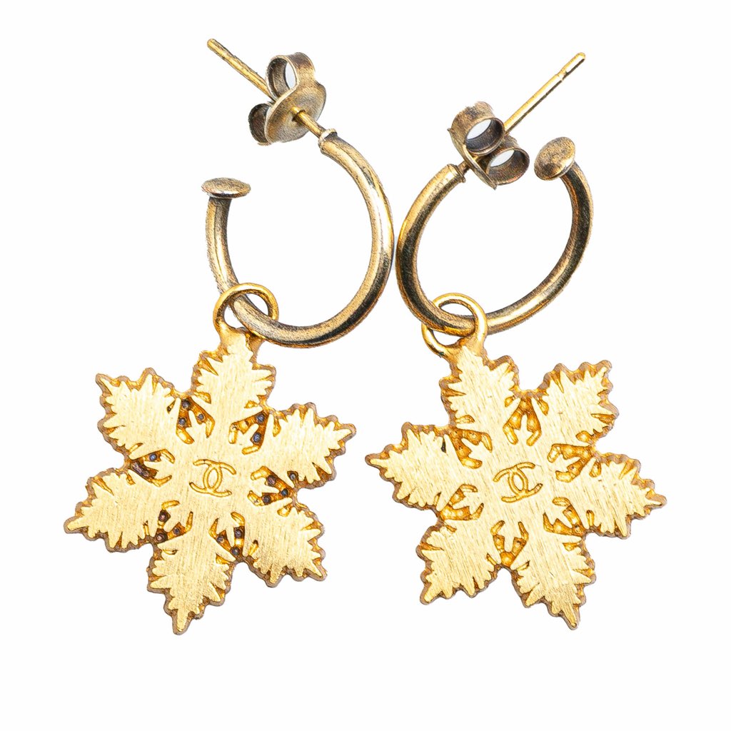 Chanel Gold Plated Snowflakes Hoop Push Back Earrings