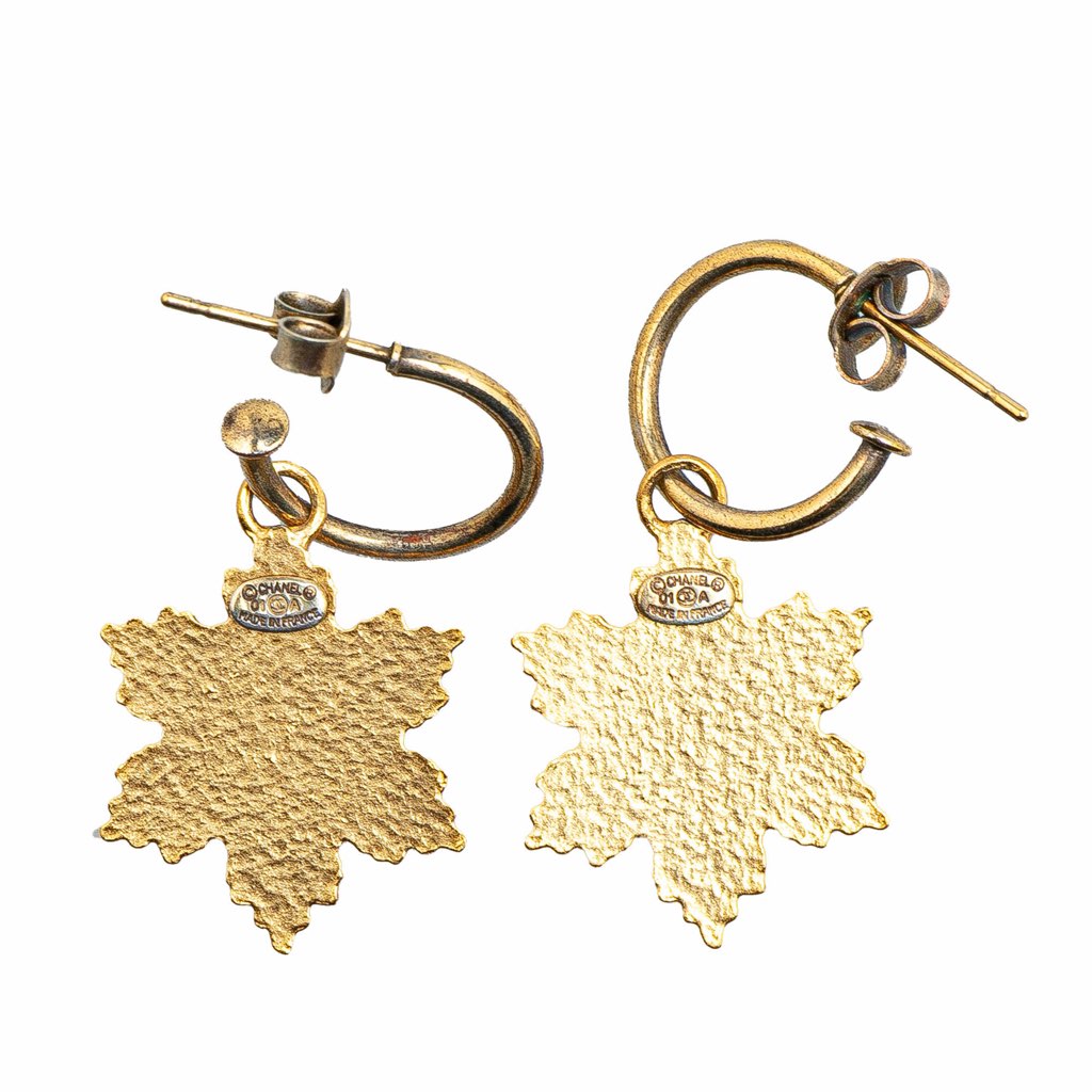 Chanel Gold Plated Snowflakes Hoop Push Back Earrings - Back view