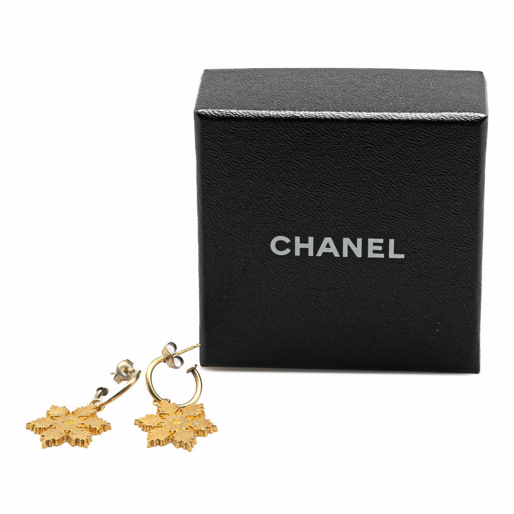 Chanel Gold Plated Snowflakes Hoop Push Back Earrings - 4