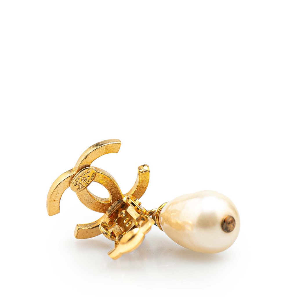 Chanel Gold Plated CC Faux Pearl Drop Clip on Earrings - 3