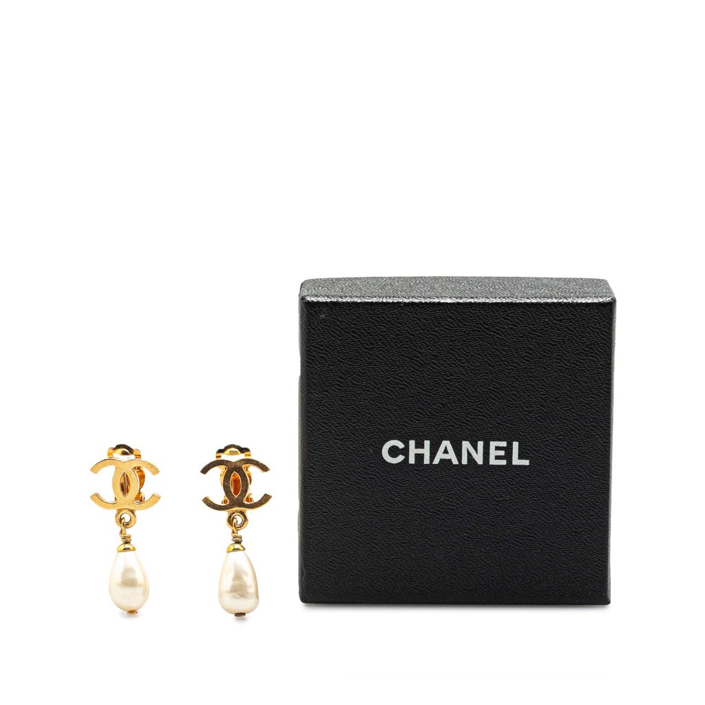 Chanel Gold Plated CC Faux Pearl Drop Clip on Earrings - 4