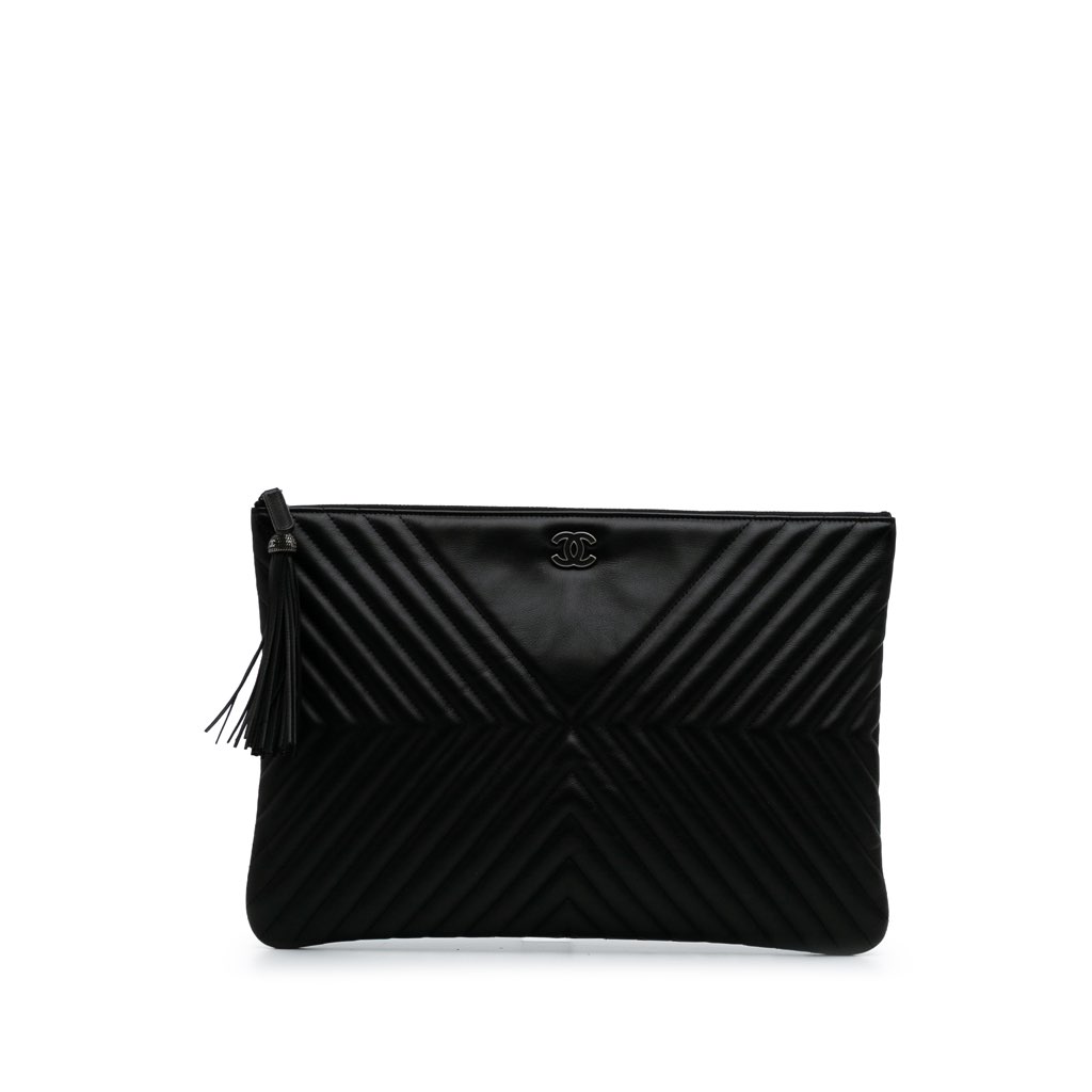 Chanel Large Diagonal Chevron Calfskin Tassel O Case Clutch