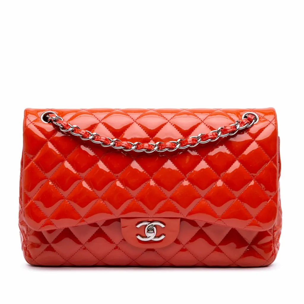 Chanel Jumbo Classic Patent Double Flap Orange Leather Fair - Front View