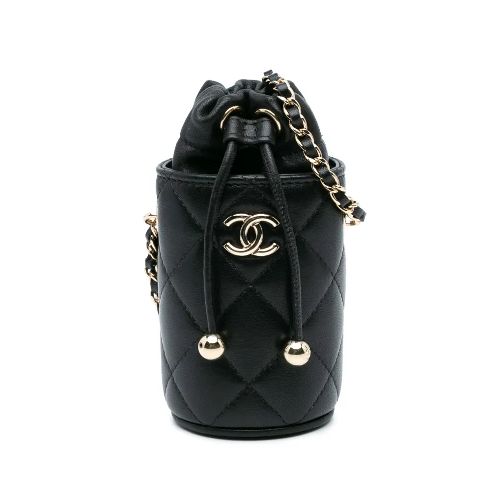 Chanel Micro Quilted Lambskin Drawstring Bucket Bag Black Leather Good - Front View