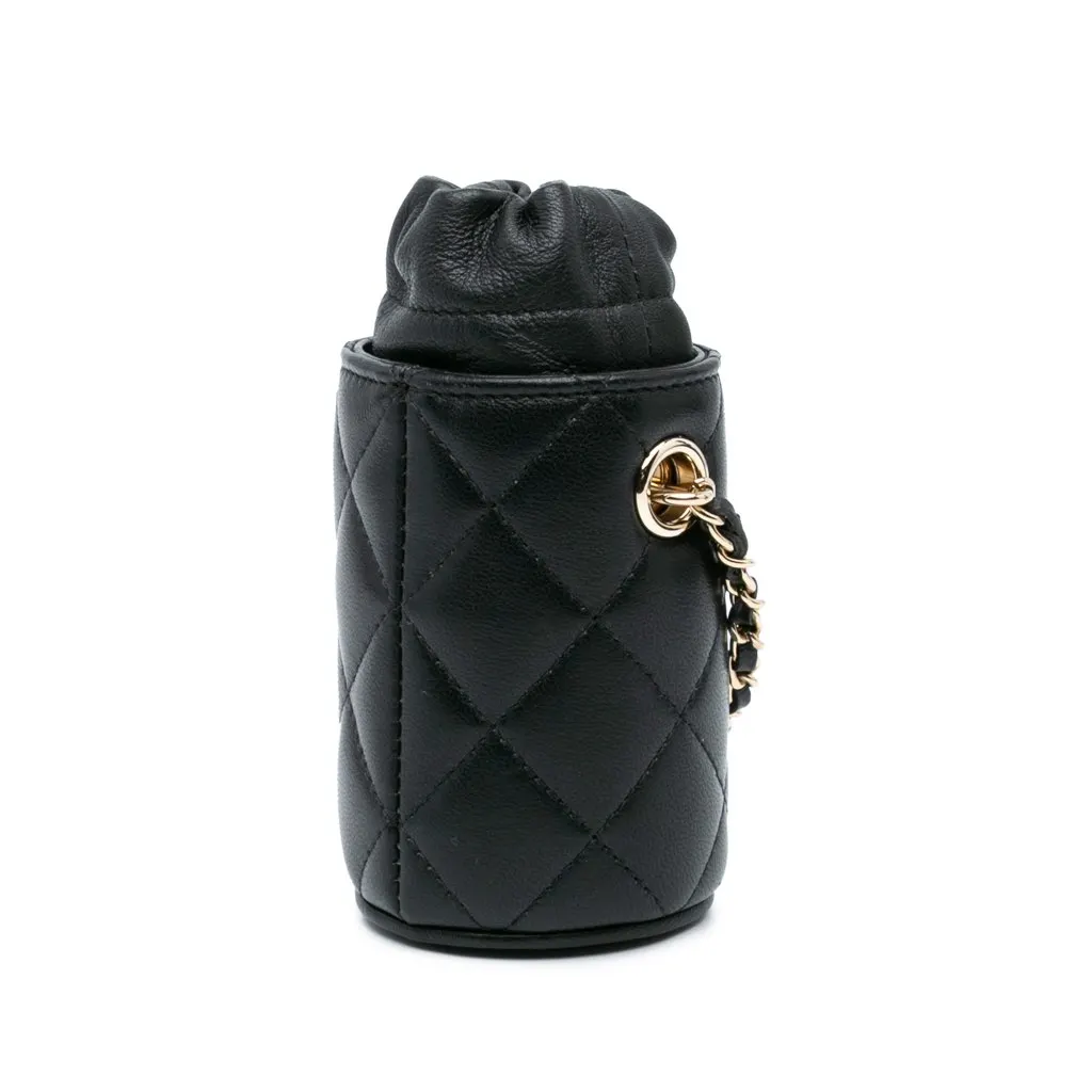 Chanel Micro Quilted Lambskin Drawstring Bucket Bag Black Leather Good - Back View