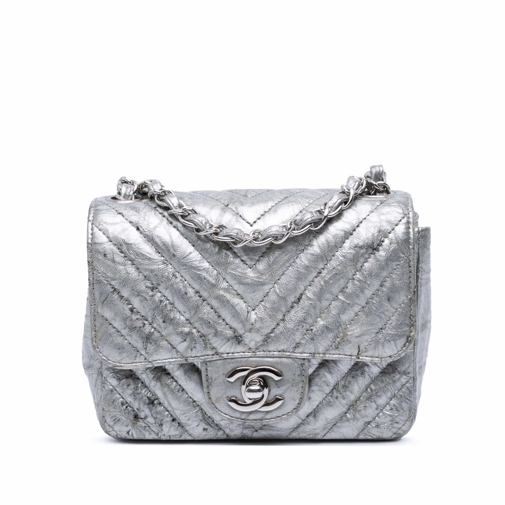 Chanel Mini Square Classic Chevron Metallic Crumpled Patent Single Flap