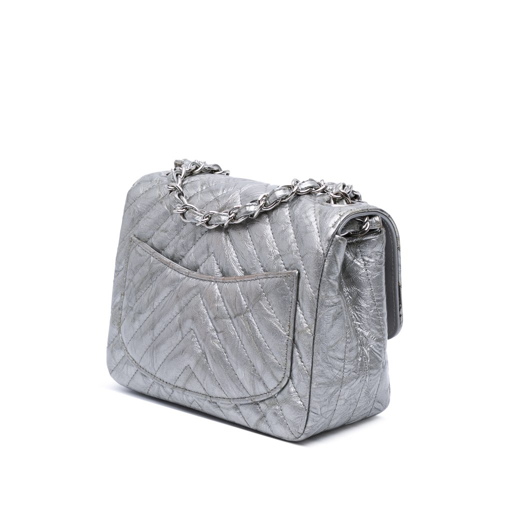 Chanel Mini Square Classic Chevron Metallic Crumpled Patent Single Flap - Back view