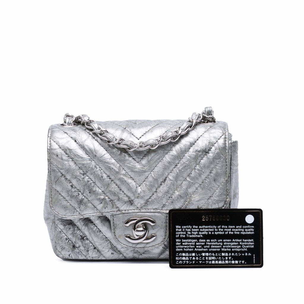 Chanel Mini Square Classic Chevron Metallic Crumpled Patent Single Flap - Image 13