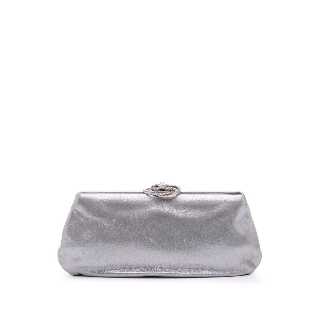 Chanel Metallic Satin Crystal Camellia Evening Frame Clutch