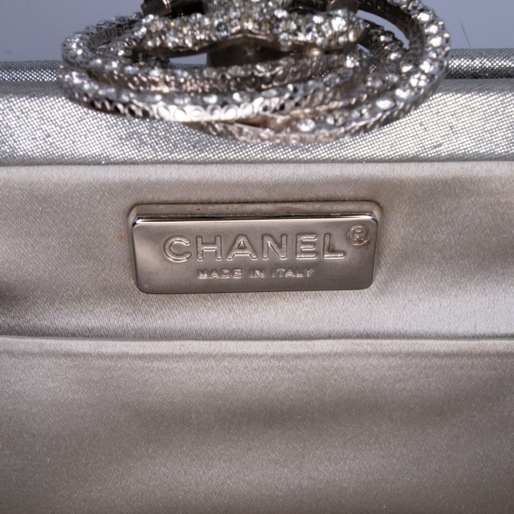Chanel Metallic Satin Crystal Camellia Evening Frame Clutch - 5