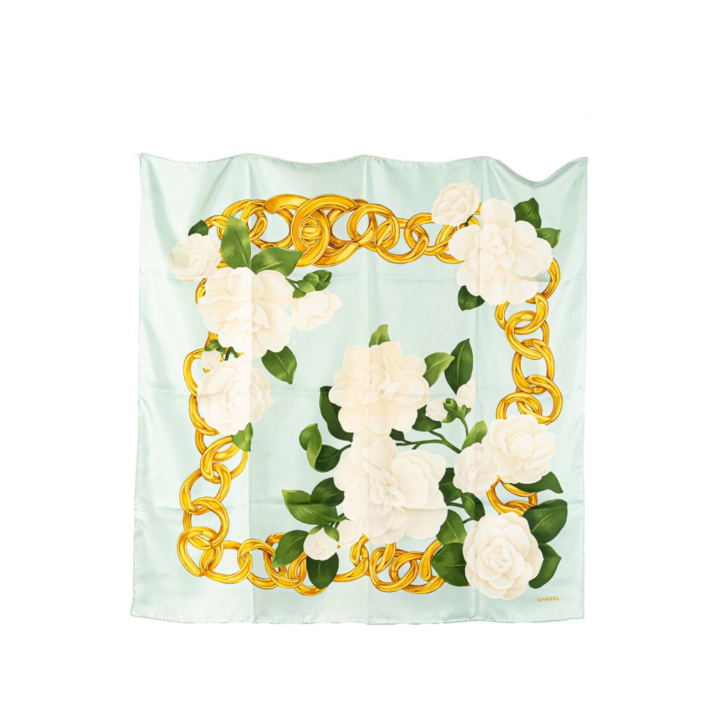Chanel Camellia Gold Chain Silk Scarf