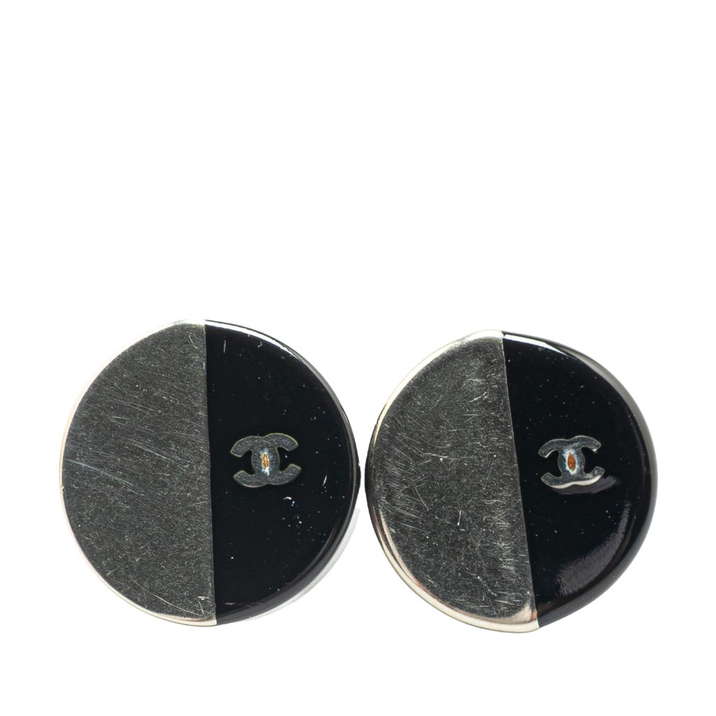 Chanel Silver and Resin CC Button Push Back Earrings