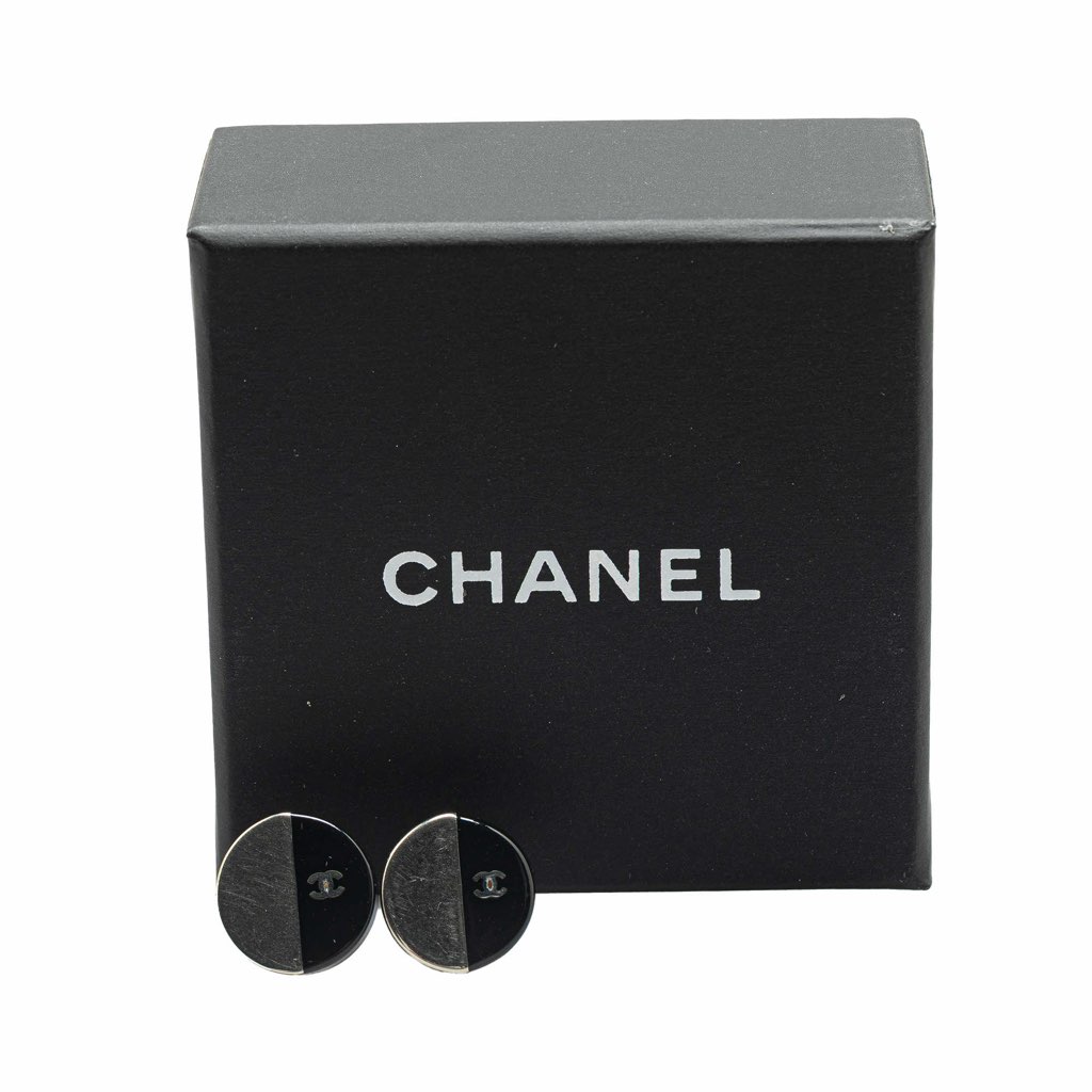 Chanel Silver and Resin CC Button Push Back Earrings - 4