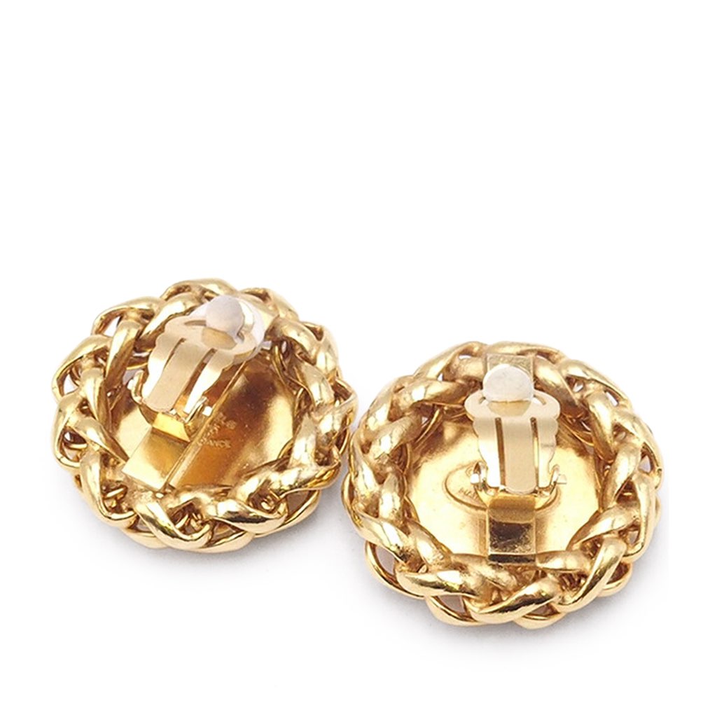 Chanel Gold Plated CC Wheat Medallion Clip On Earrings - 2