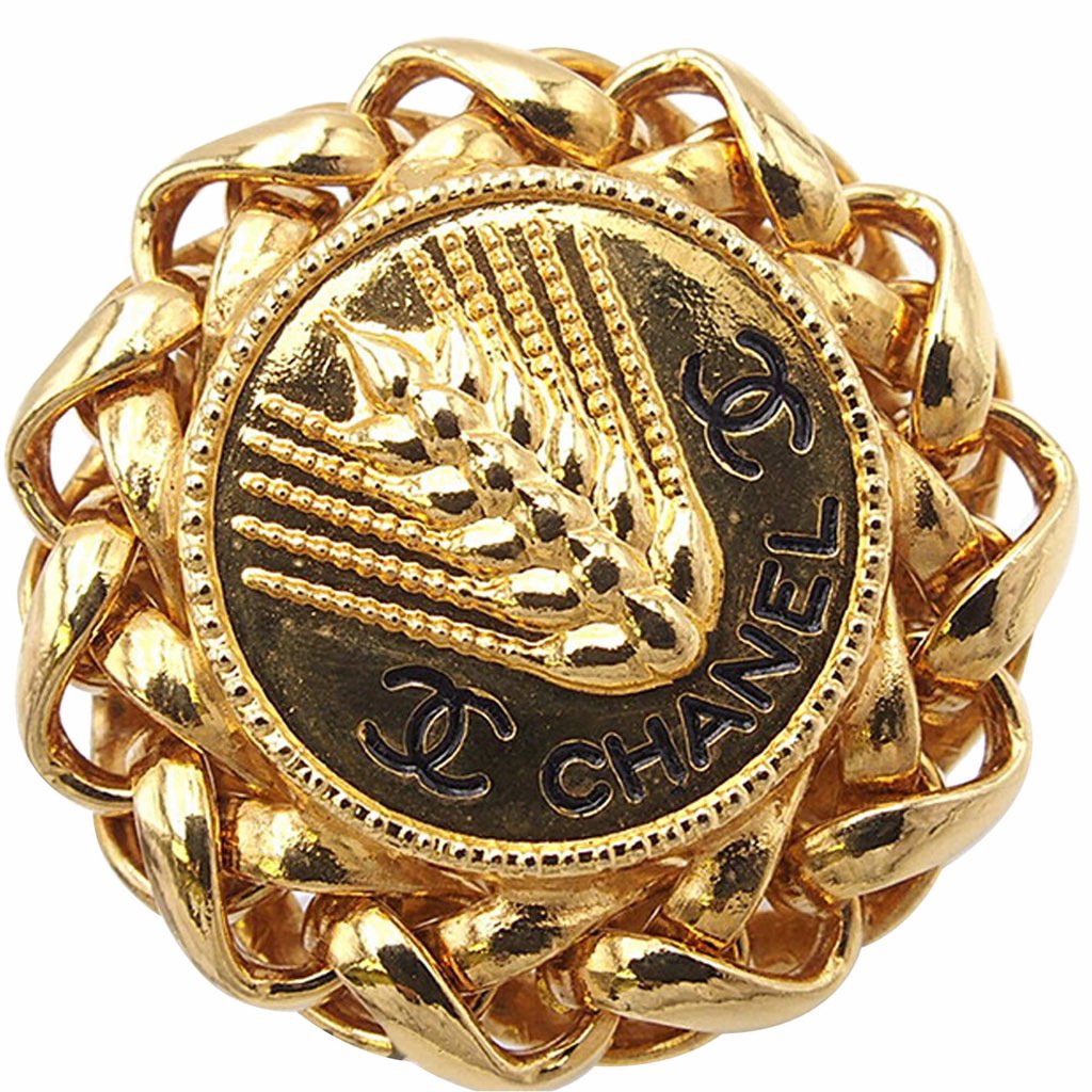 Chanel Gold Plated CC Wheat Medallion Clip On Earrings - 3