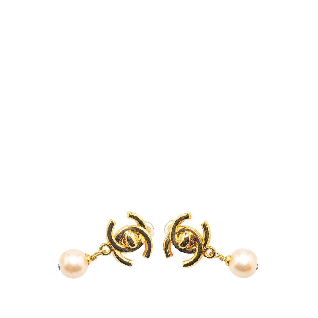 Chanel Gold Plated CC Turnlock Faux Pearl Drop Clip on Earrings