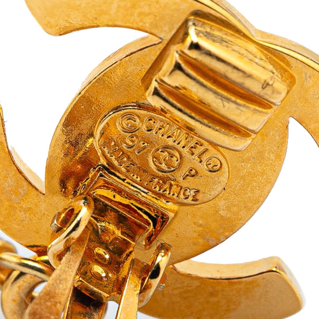 Chanel Gold Plated CC Turnlock Faux Pearl Drop Clip on Earrings - 3