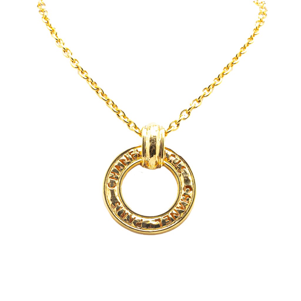 Chanel Gold Plated Circle Logo Pendant Necklace