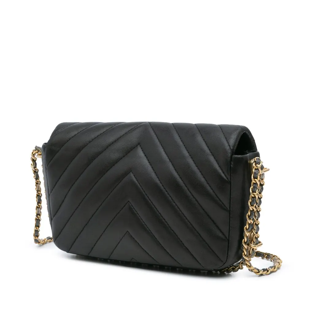 Chanel Mini Rectangular Chevron Lambskin Chain Around Flap Black Leather Very good - Back View