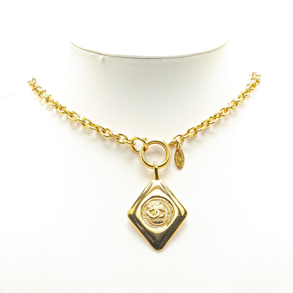 Chanel Gold Plated CC Diamond Shape Pendant Necklace - Side view