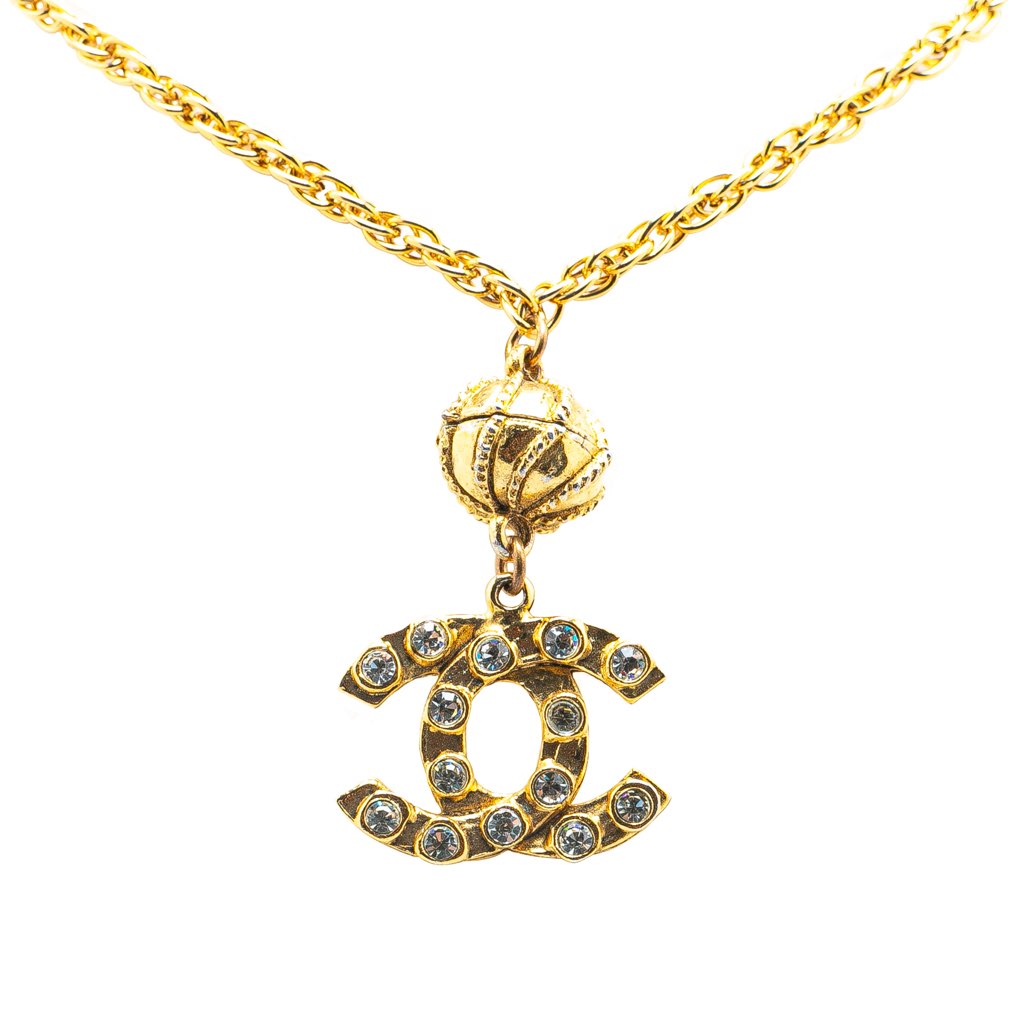 Chanel Gold Plated CC Pendant Rhinestones Necklace