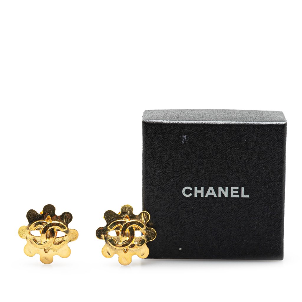 Chanel Gold Plated CC Flower Clip On Earrings - 4