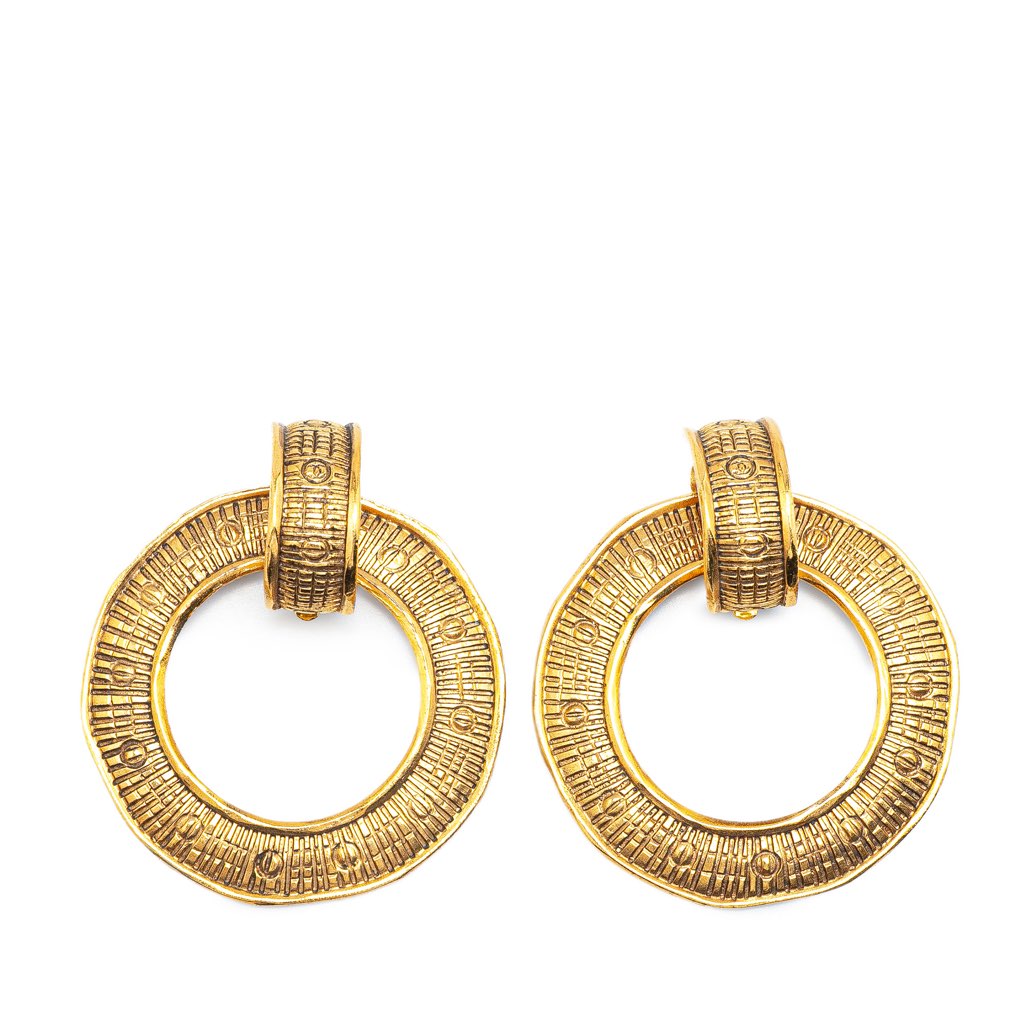 Chanel Gold Plated Round Drop Clip on Earrings