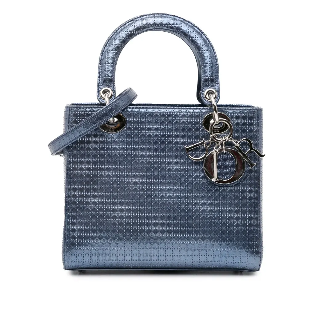 Dior Medium Metallic Patent Microcannage Lady Dior Blue Leather Good - Front View