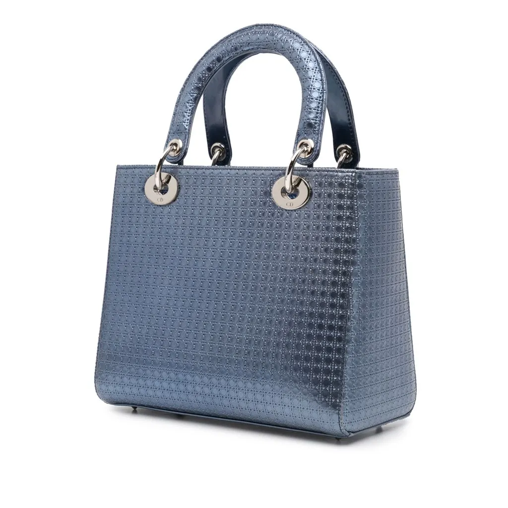 Dior Medium Metallic Patent Microcannage Lady Dior Blue Leather Good - Back View