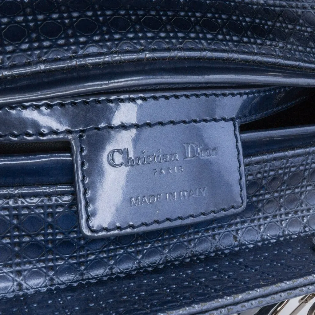 Dior Medium Metallic Patent Microcannage Lady Dior Blue Leather Good - Box View