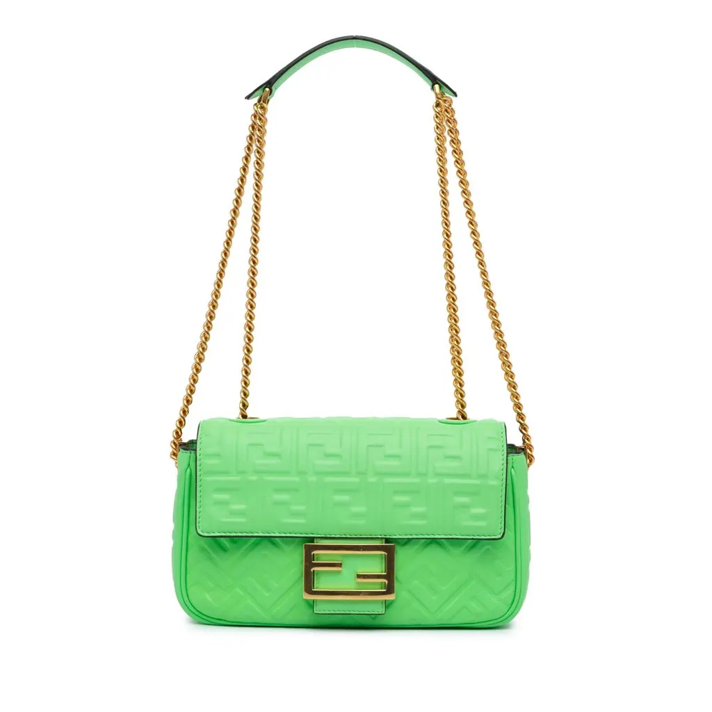 Fendi Zucca Embossed Leather Chain Midi Baguette Green Leather Very good - Front View