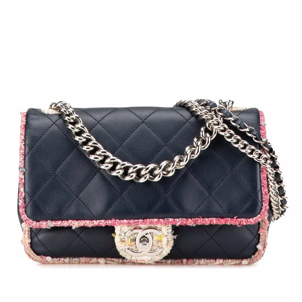 Chanel Quilted Lambskin and Tweed Elegant Trim Flap Blue Leather Very good - Front View