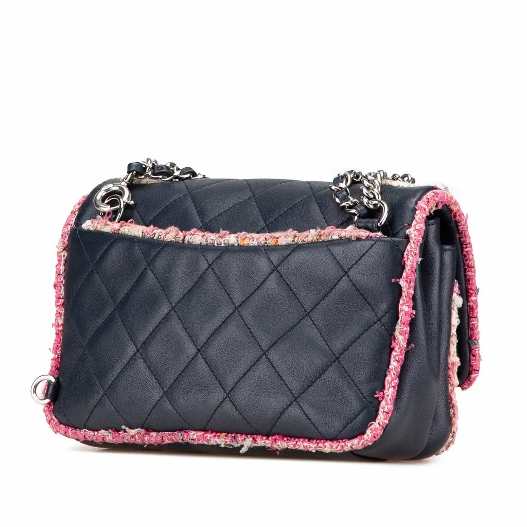 Chanel Quilted Lambskin and Tweed Elegant Trim Flap Blue Leather Very good - Back View