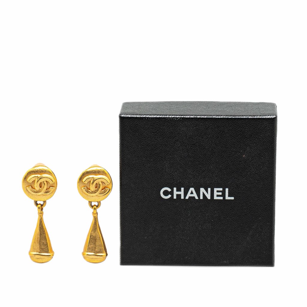 Chanel Gold Plated CC Teardrop Clip On Earrings - 4