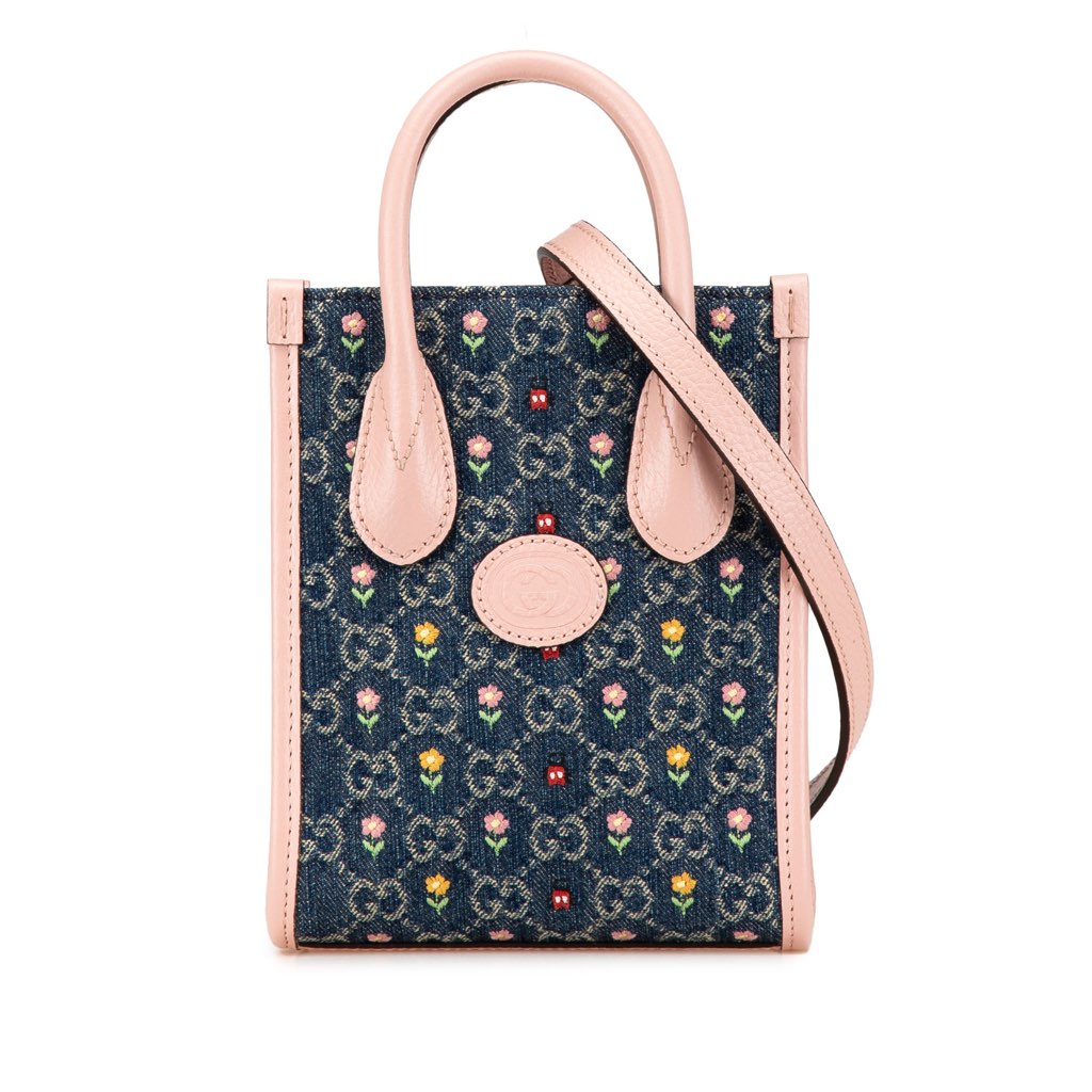 Gucci Mini GG Denim Interlocking G Flowers Tote