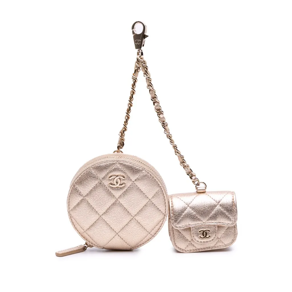 Chanel Metallic Quilted Lambskin Round Clip On Coin Purse Airpods Case Gold Leather Good - Front View