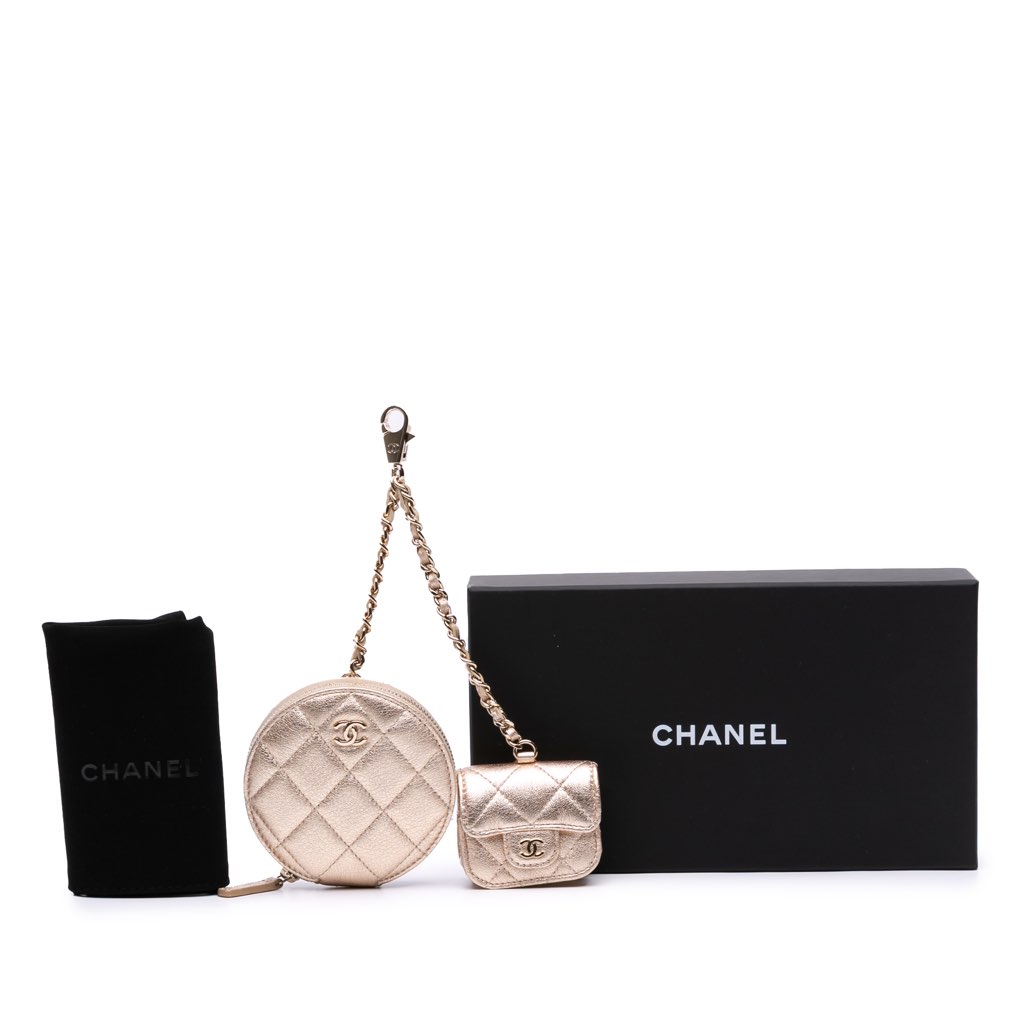 Chanel Metallic Quilted Lambskin Round Clip On Coin Purse Airpods Case - Image 13
