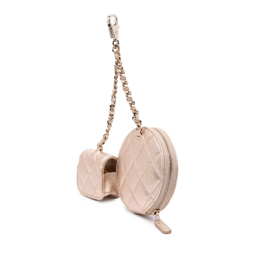 Chanel Metallic Quilted Lambskin Round Clip On Coin Purse Airpods Case Gold Leather Good - Back View