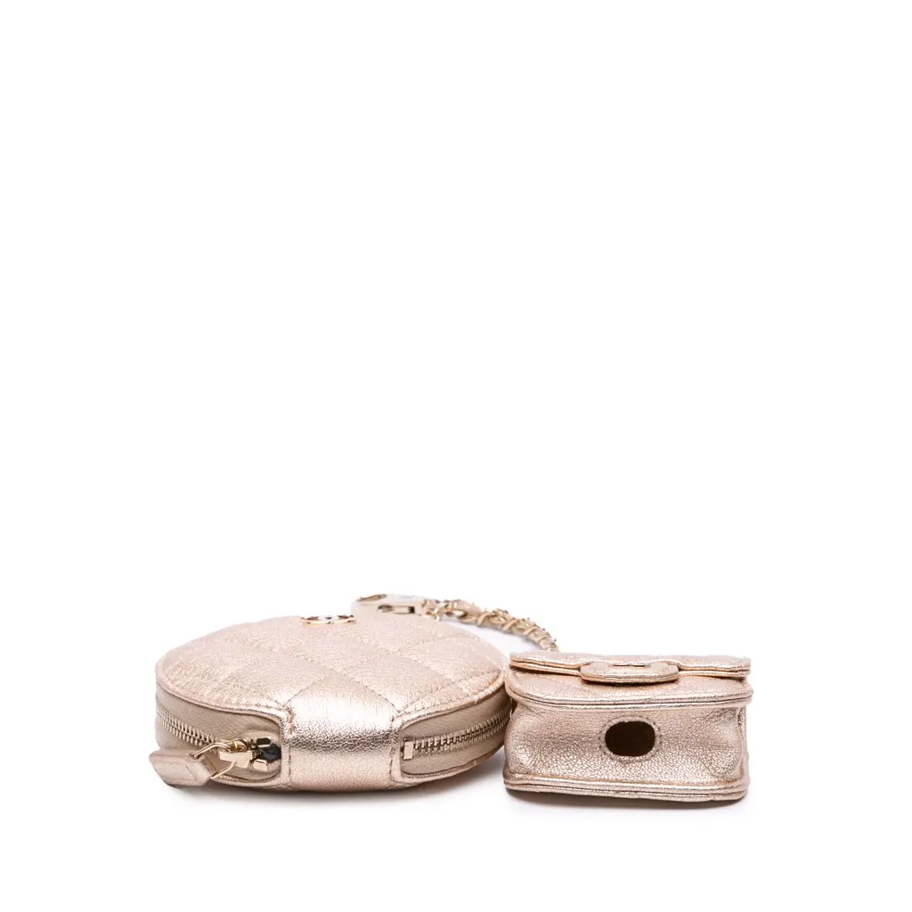 Chanel Metallic Quilted Lambskin Round Clip On Coin Purse Airpods Case Gold Leather Good - Inside View