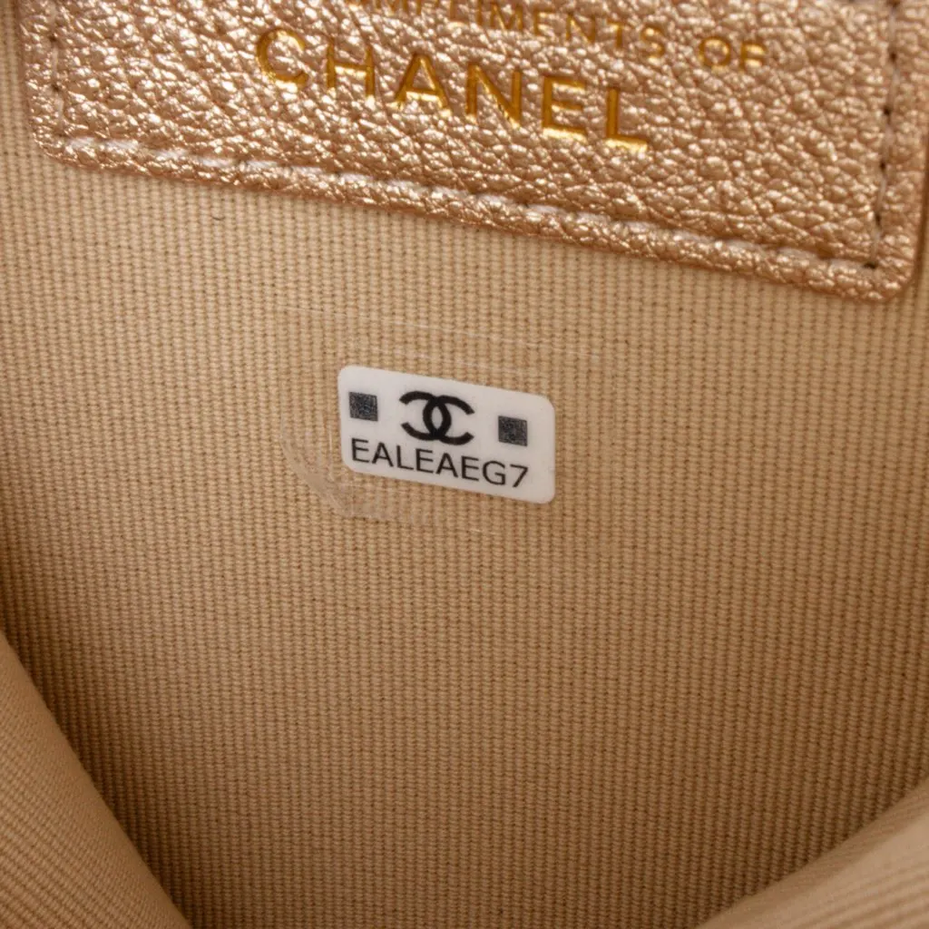 Chanel Metallic Quilted Lambskin Round Clip On Coin Purse Airpods Case Gold Leather Good - Box View