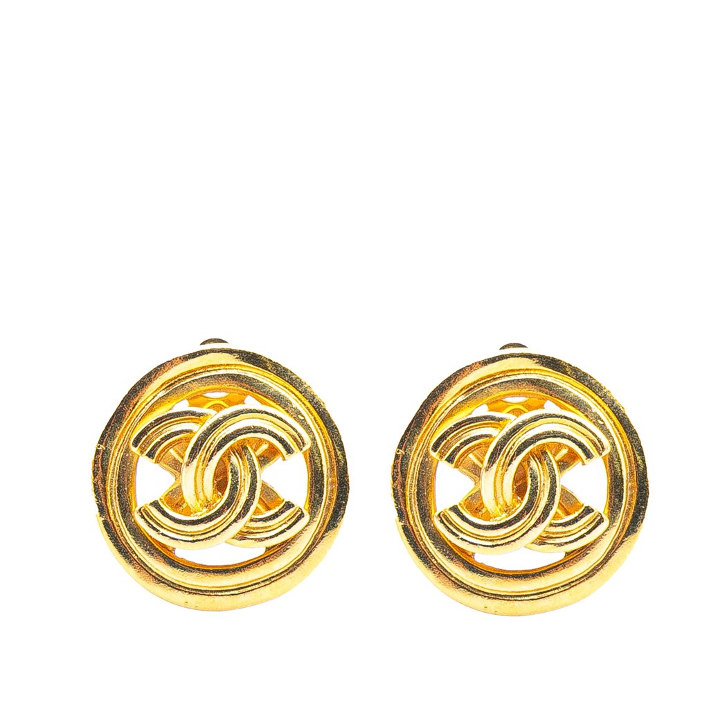 Chanel Gold Plated CC Round Clip On Earrings