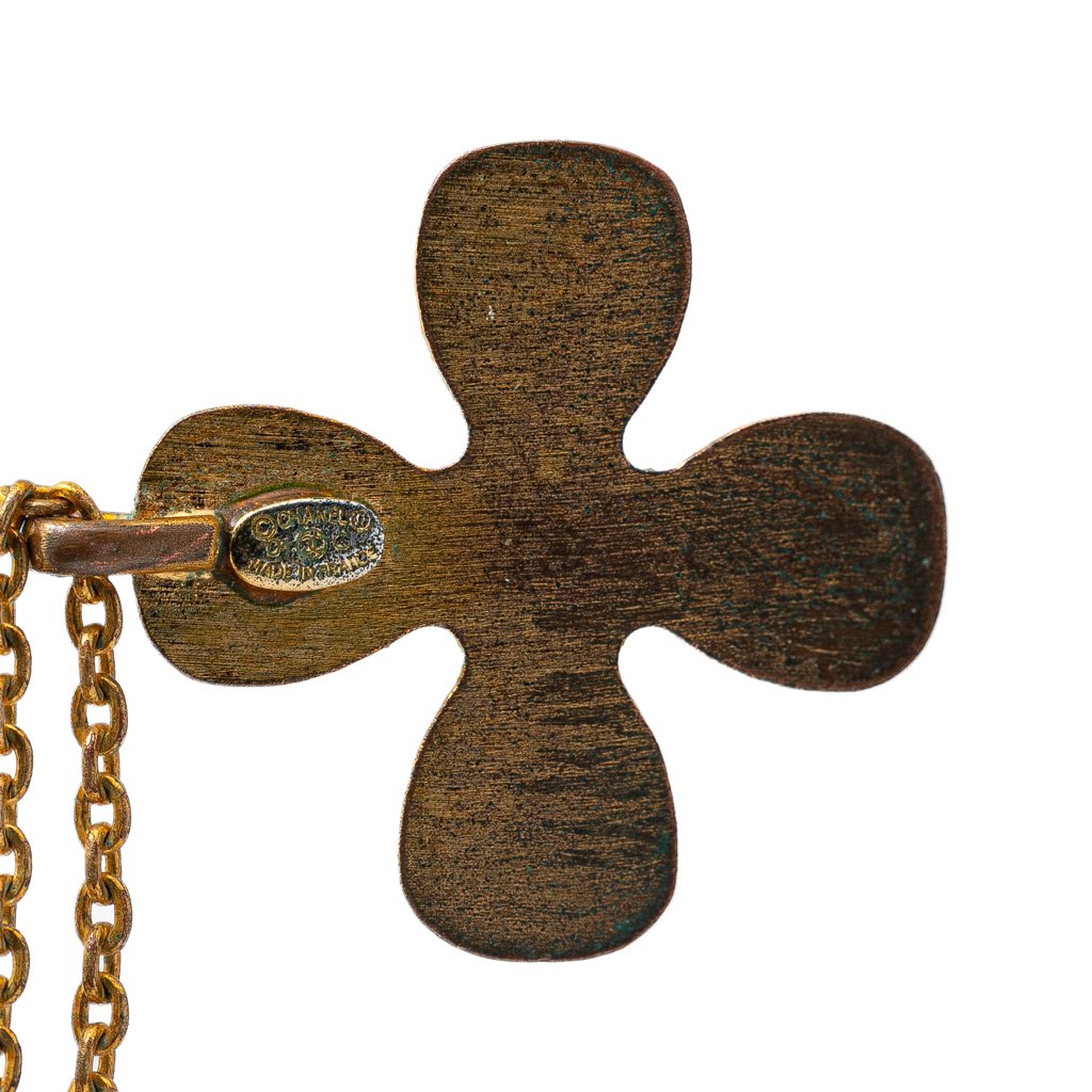 Chanel Gold Plated Rhinestones Clover Pendant Necklace - 2